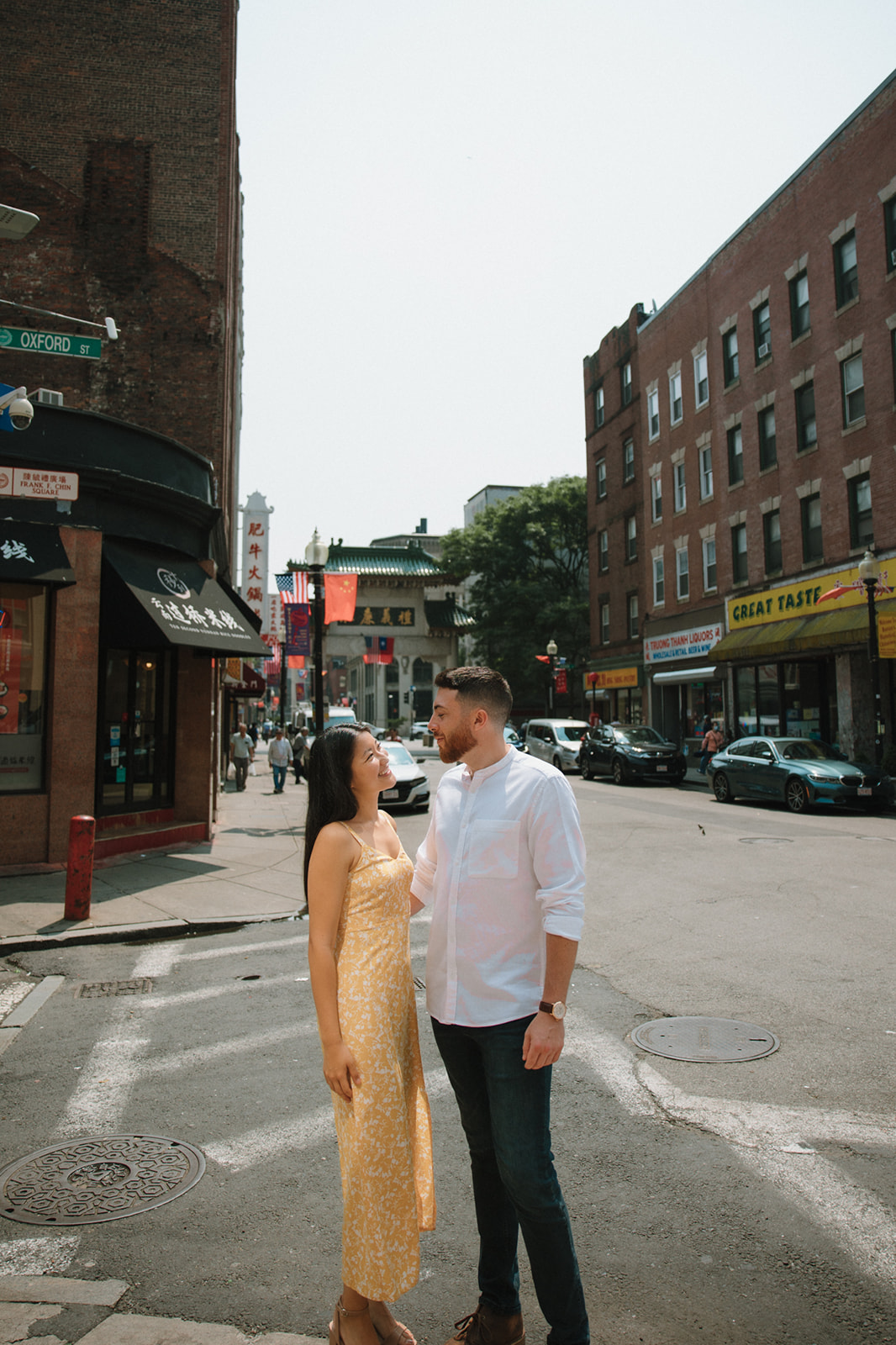 Stunning couple share a moment in historic chinatown during their Boston engagement photoshoot