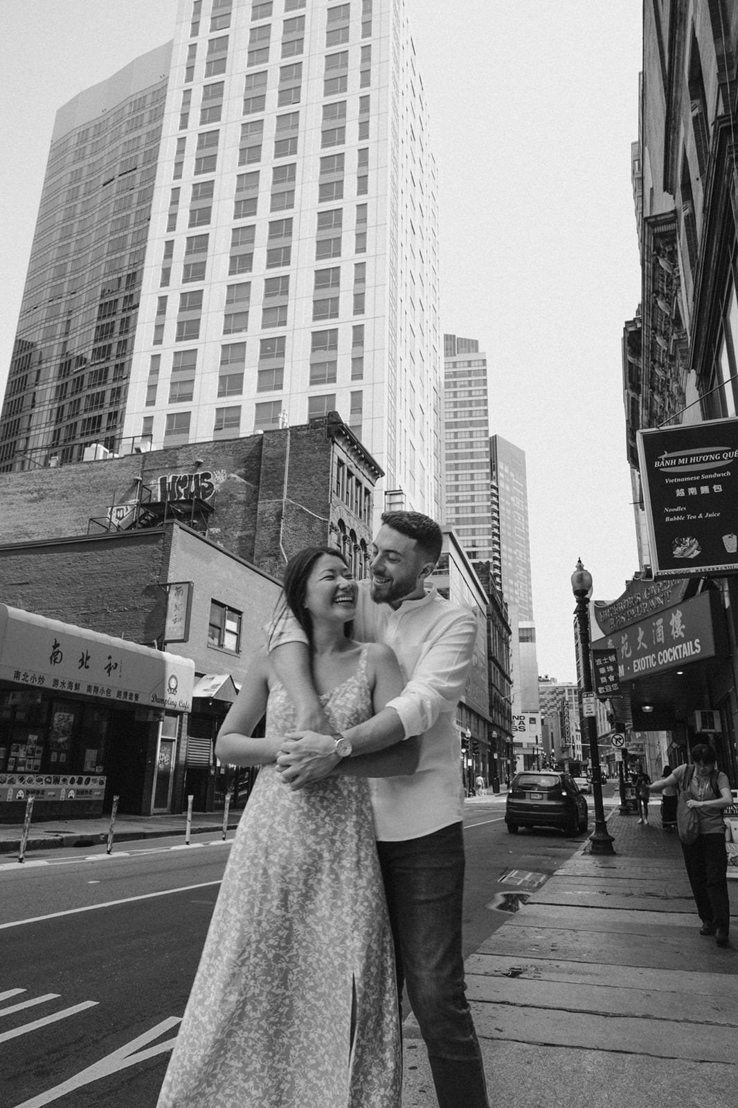 Stunning couple pose in historic chinatown during their Boston engagement photos! 