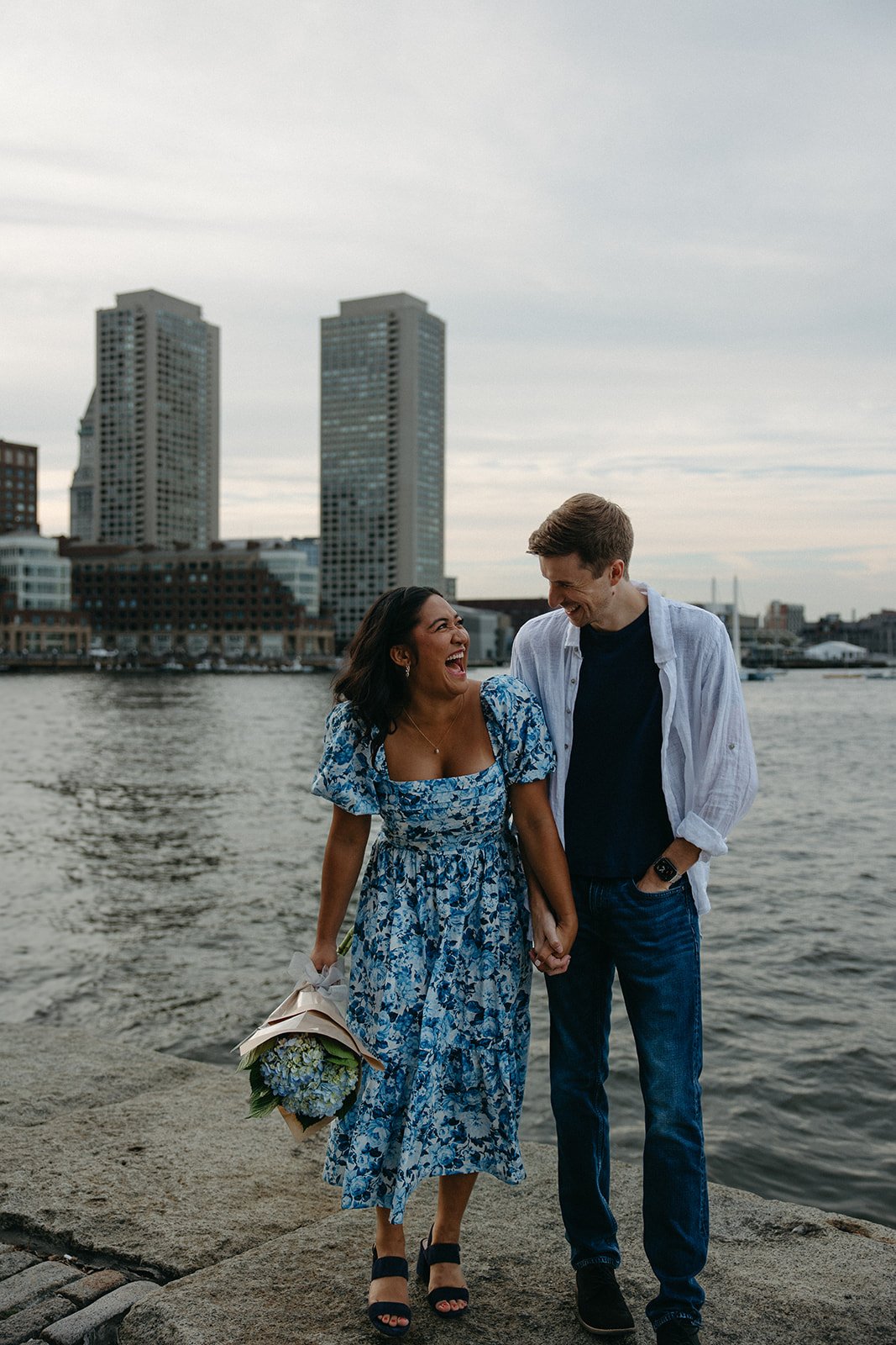 romantic engagement photos on the waterside in Boston