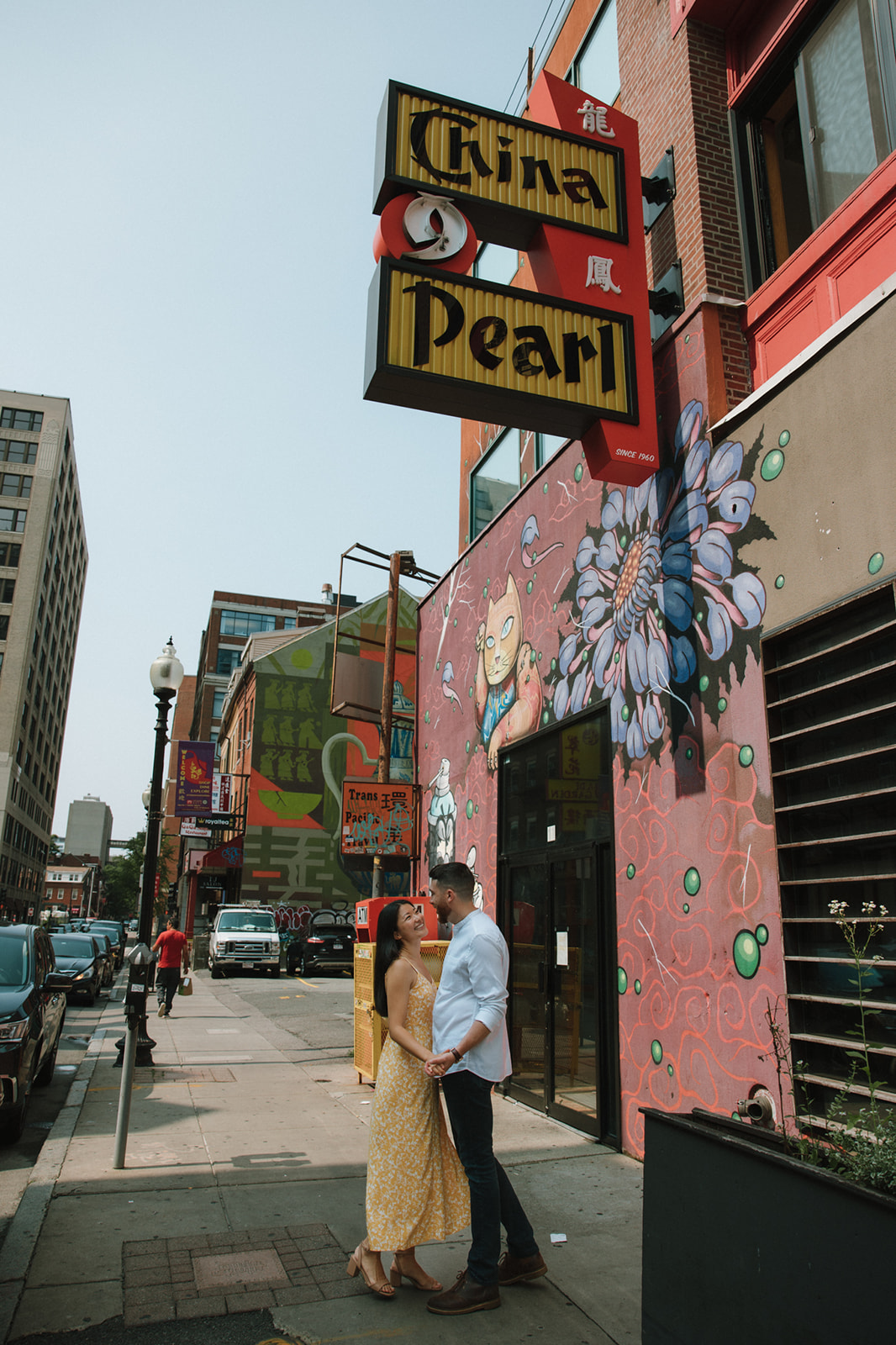 Beautiful couple pose in front of China Pearl in historic Chinatown!