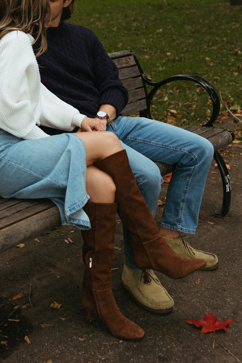 Stunning couple pose together under a colorful tree during their Boston engagement photos