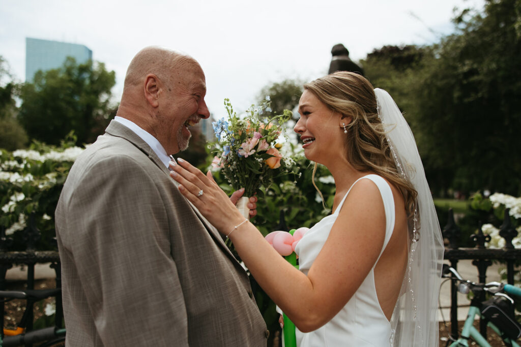 emotional father daughter first look at Boston Common wedding