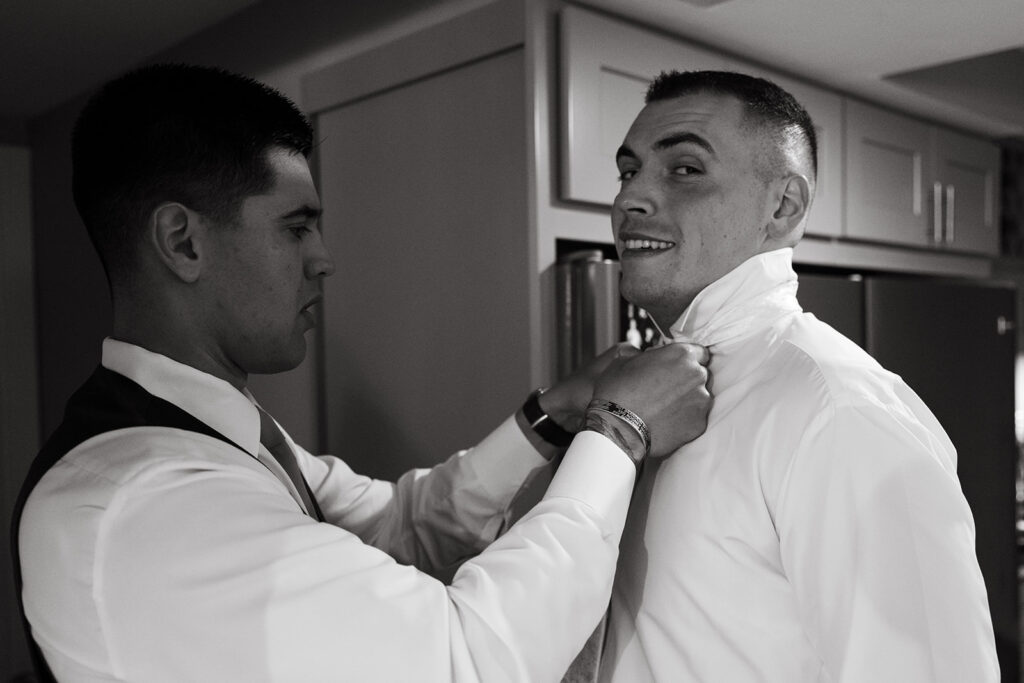 Black and White Groom Getting Ready Before Wedding Ceremony Massachusetts