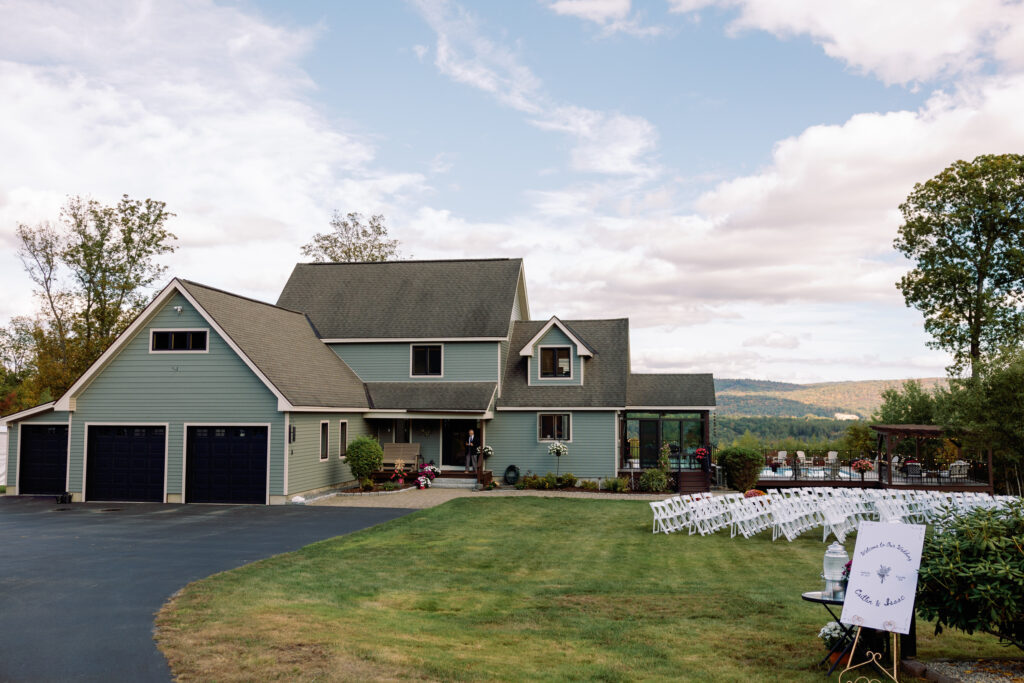 fall backyard wedding decor at intimate new hampshire wedding in the mountains