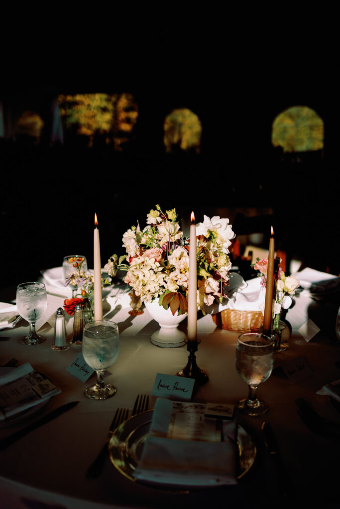 colorful wedding flowers and taper candles