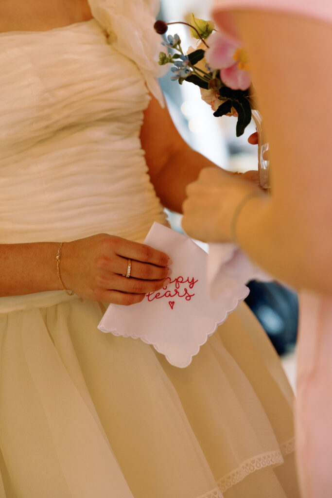 bride's handkerchief that says happy tears
