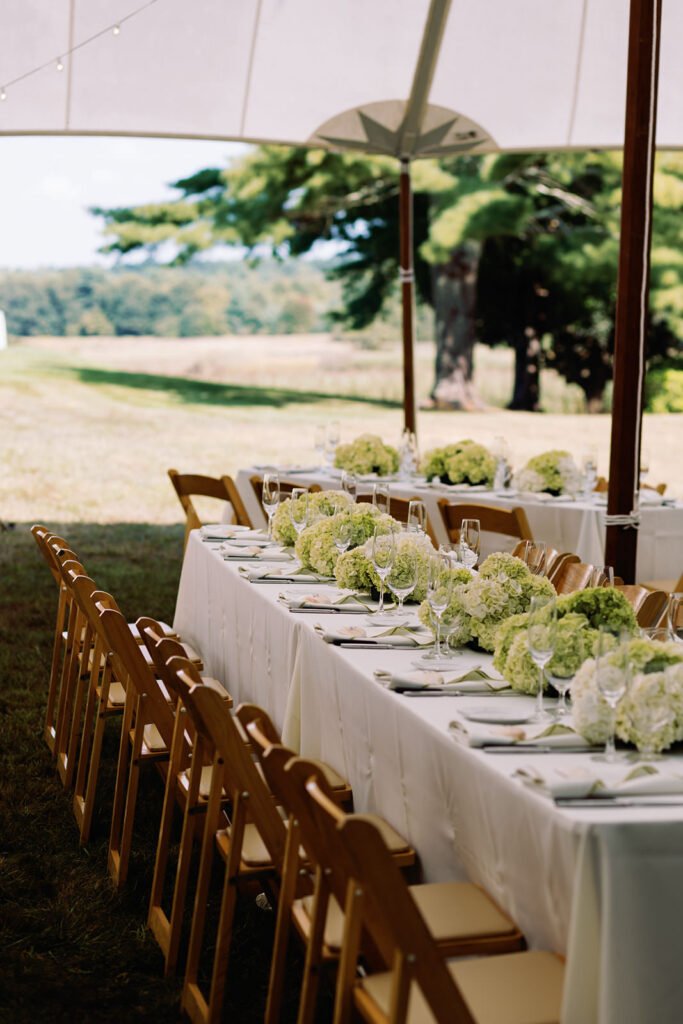 Wedding reception decor with tables and chairs.