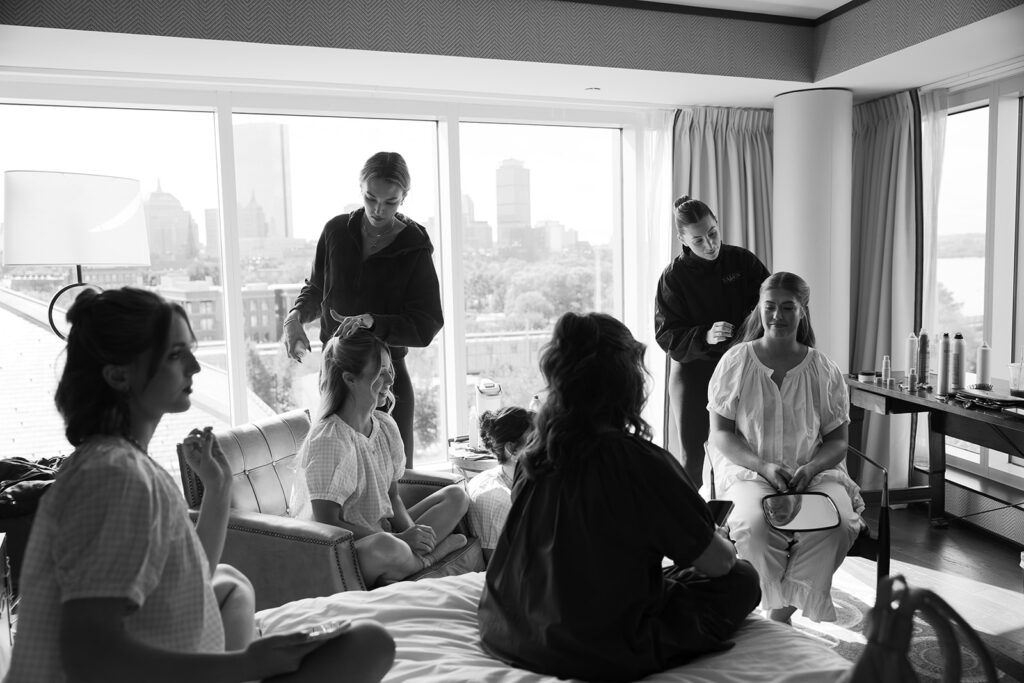 girls getting ready in Boston Liberty Hotel before the wedding 
