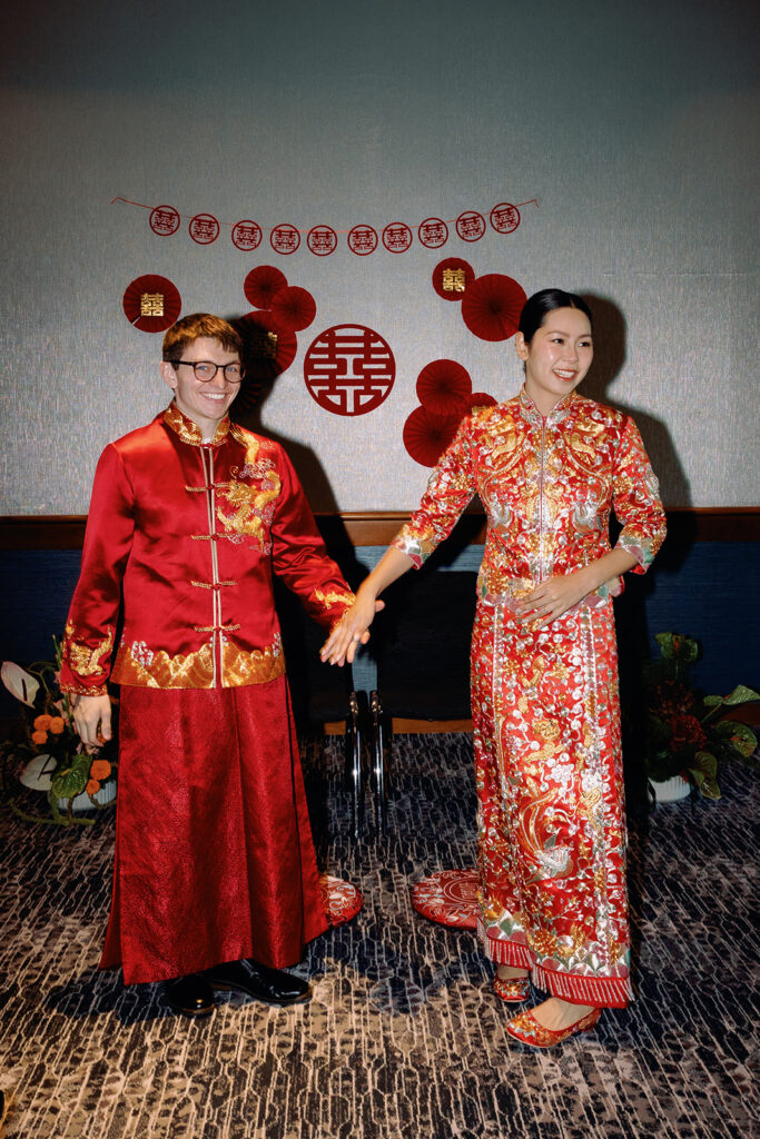 Bride and groom at traditional tea ceremony at Le Meridien in Cambridge MA
