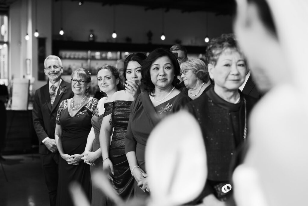 family is emotional as bride enters wedding ceremony at PAGU wedding in Cambridge MA