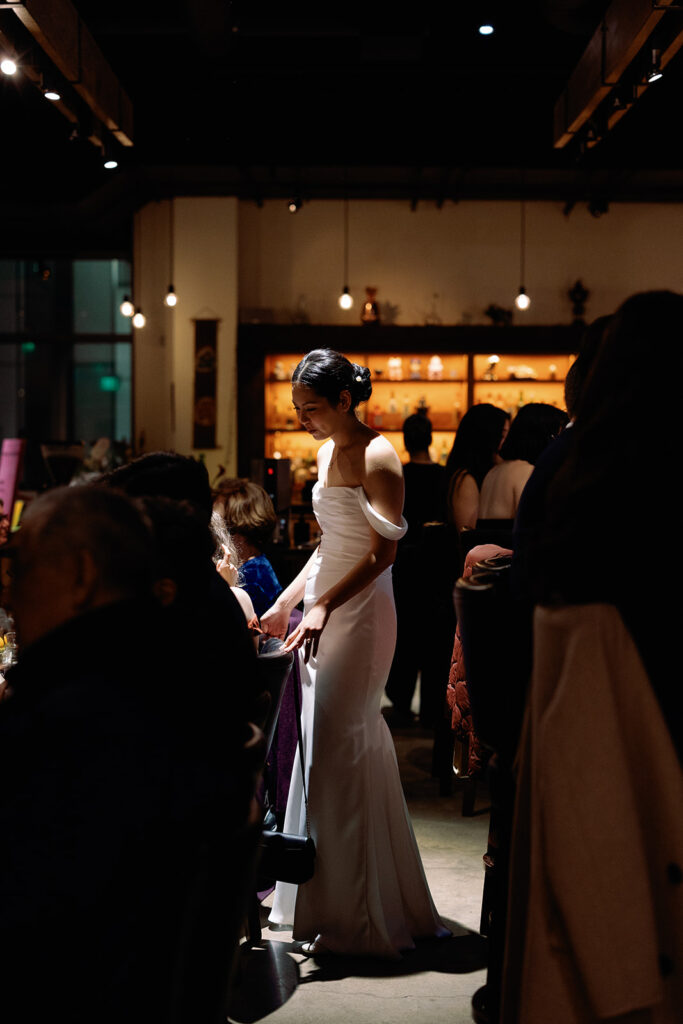 bride mingles with guests at restaurant wedding at PAGU in Cambridge MA