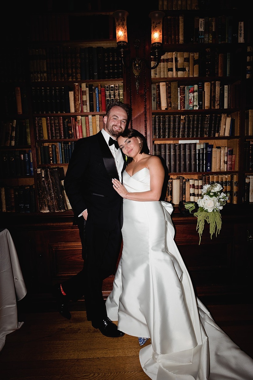 the bride and groom at their ​mansion on turner hill wedding
