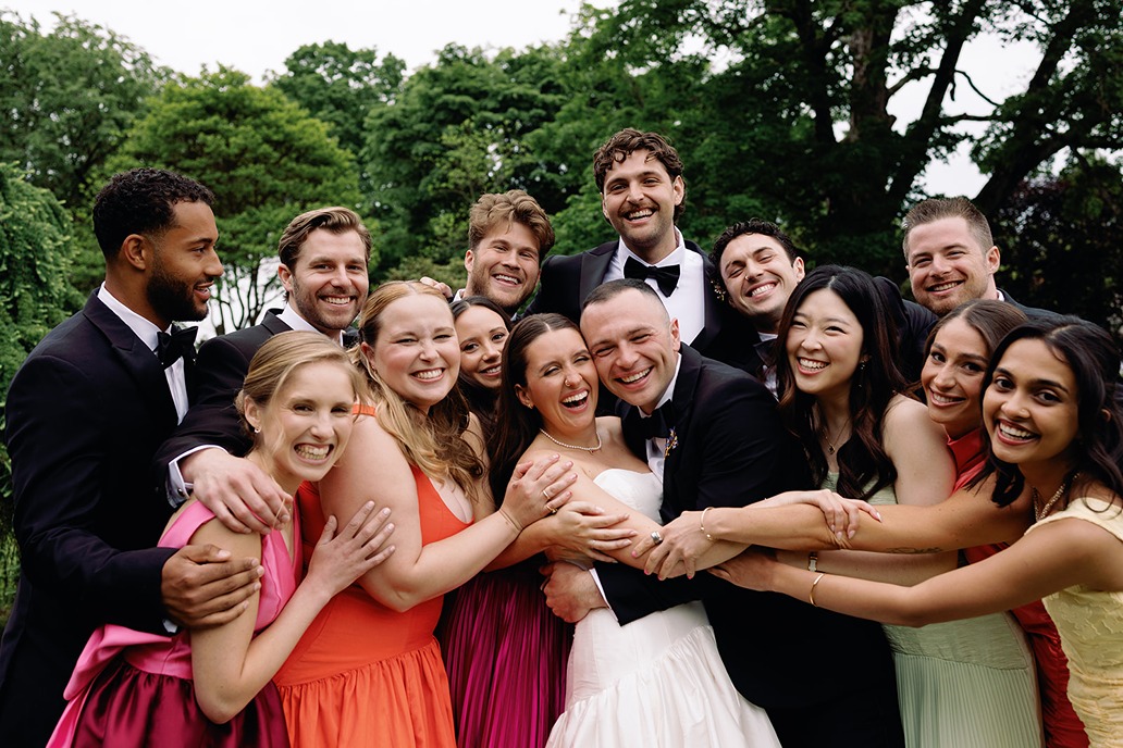 the whole bridal party at a garden of elm bank wedding